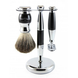 Edwin Jagger 3pc Set Ebony Double Edge Safety Razor, Shaving Brush & Stand